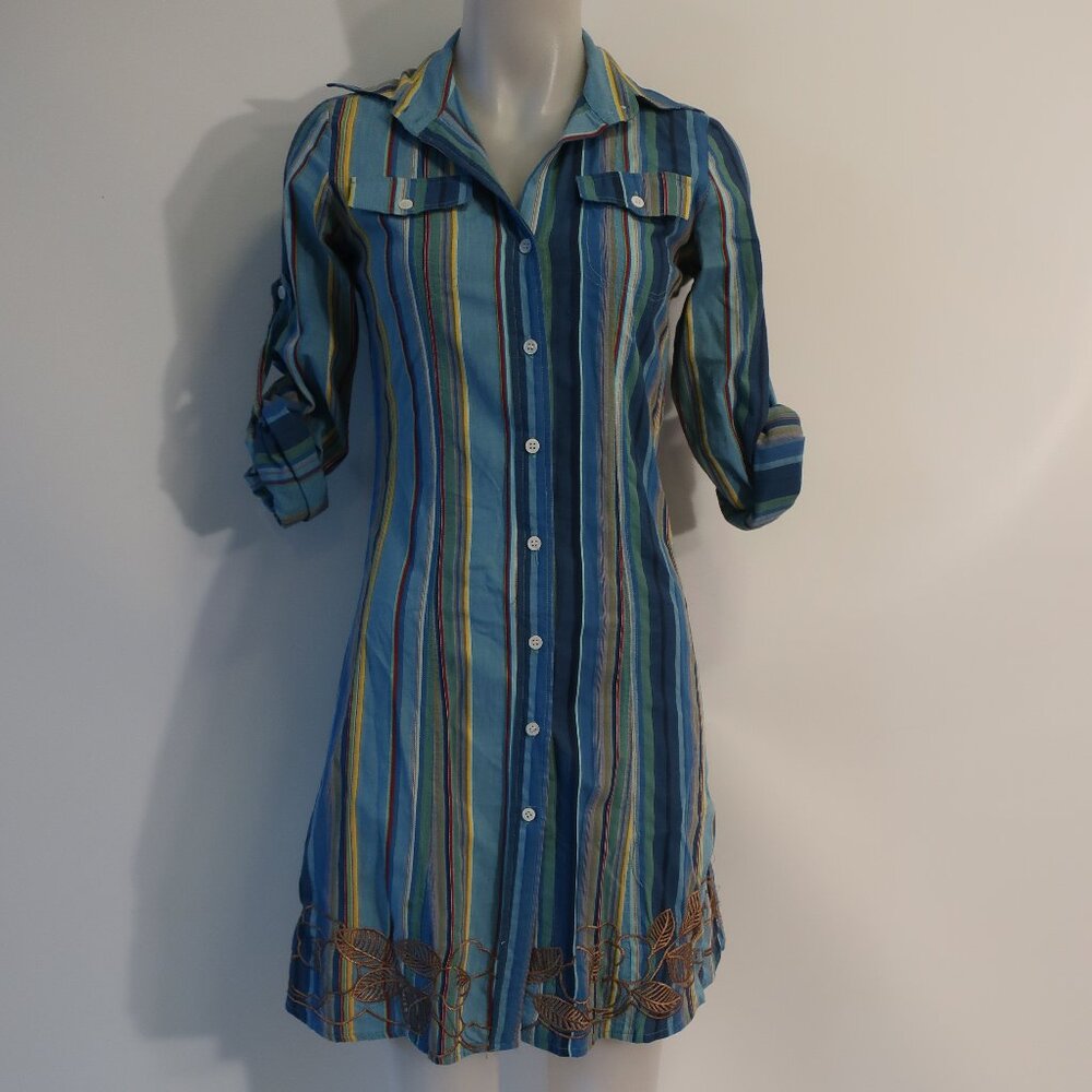 Womens Cake Couture Blue/Multi Color Striped Button Down Shirt Dress S